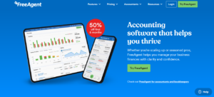 FreeAgent homepage promoting accounting software with 50% off for 6 months and dashboard previews on tablet and smartphone.