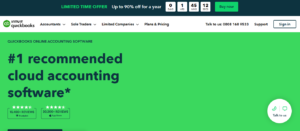 Screenshot of QuickBooks UK website promoting its cloud accounting software with a green background and bold text stating "#1 recommended cloud accounting software." It includes Trustpilot and App Store review ratings and a countdown timer for a limited-time offer.