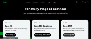 Sage software solutions webpage showing ERP products: Sage X3, Sage 300 Solutions, and Sage CRM for different business sizes.