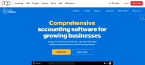 Screenshot of Zoho Books website homepage promoting its cloud-based accounting software. The page headline reads "Comprehensive accounting software for growing businesses" with call-to-action buttons for a free trial and demo, displayed on a blue background.